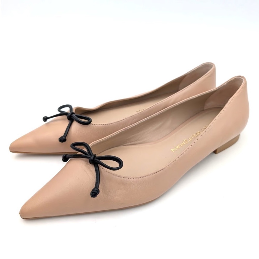 Stuart Weitzman Nude Pink Pointed Toe Leather Ballet Flats with Black Bow